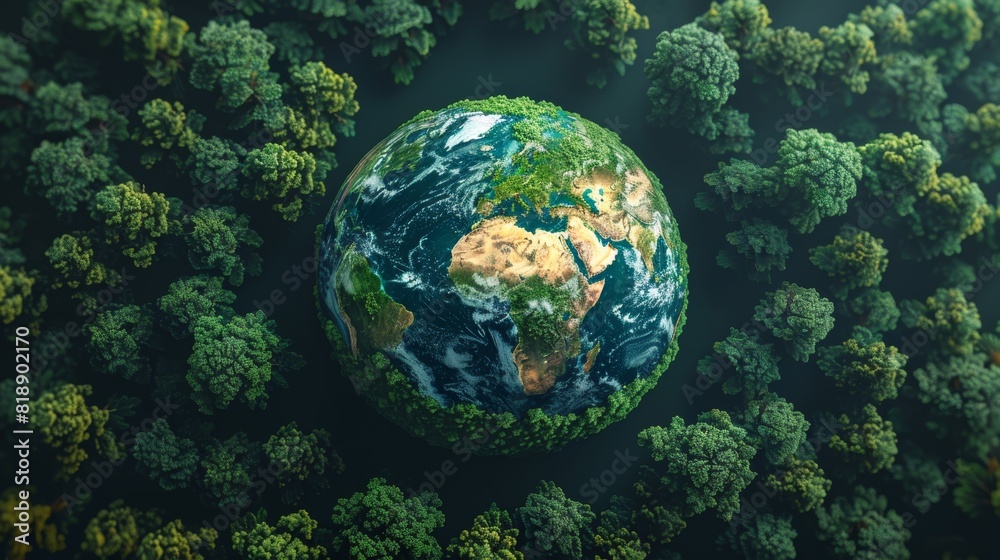 World Environment Day. Aerial top view green forest with globe earth