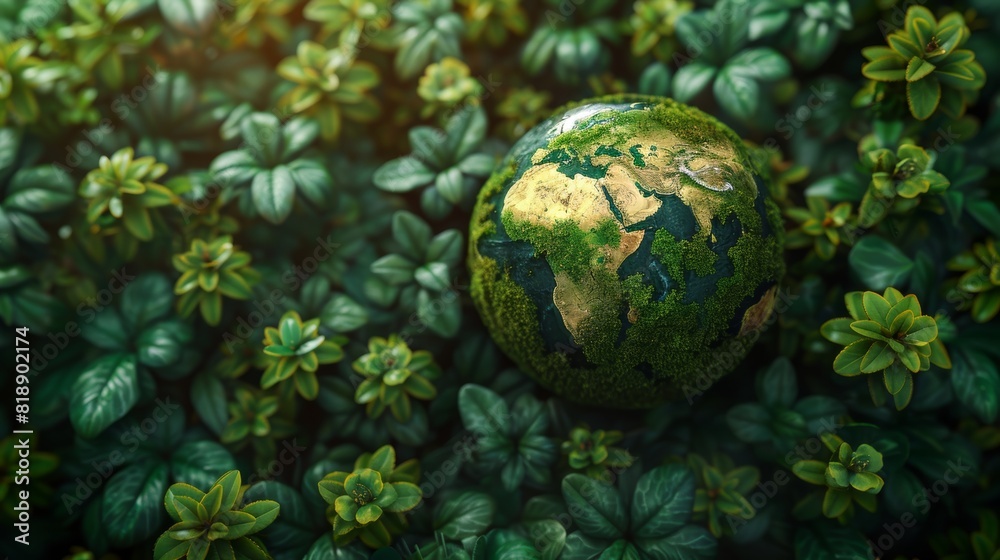World Environment Day. Aerial top view green forest with globe earth World Environment Day. Aerial top view green forest with globe earth