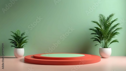 3D green pastel background red podium stage product with nature summer and isolated 3D render