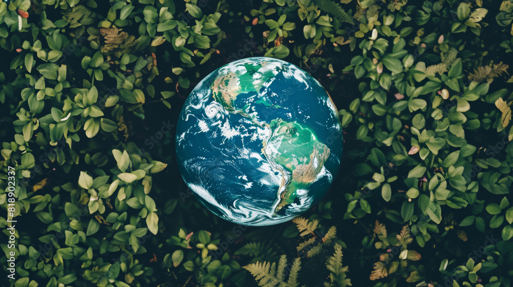 World Environment Day. Aerial top view green forest with globe earth World Environment Day. Aerial top view green forest with globe earth