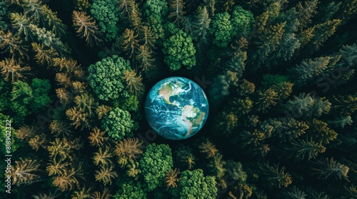 World Environment Day. Aerial top view green forest with globe earth