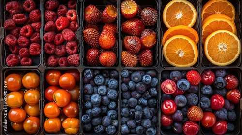  A variety of fruits and vegetables are arranged in a bin together, including strawberries, oranges, blueberries, raspberries, and strawberries