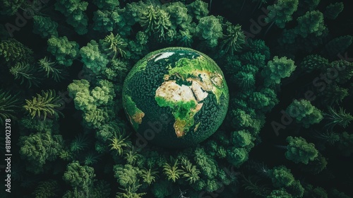 World Environment Day. Aerial top view green forest with globe earth