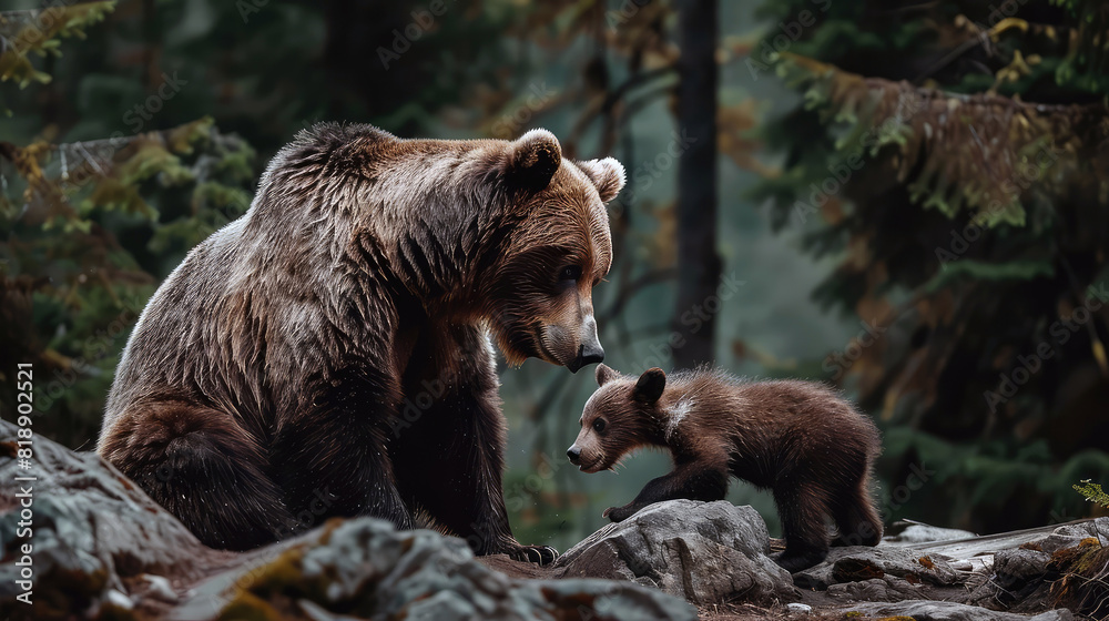 Obraz premium Adorable brown bear cub plays with its mother in the wild.