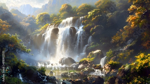 Majestic Waterfall Surrounded by Lush Autumnal Landscape Cascading Through Rugged Terrain in Tranquil Wilderness Setting