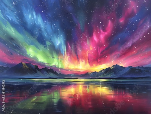 Mesmerizing Aurora Borealis Illuminating Starry Night Sky Over Serene Mountain Lake © Narakorn