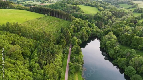 Flying over woodlands and a lake near to sunset in England Somerset