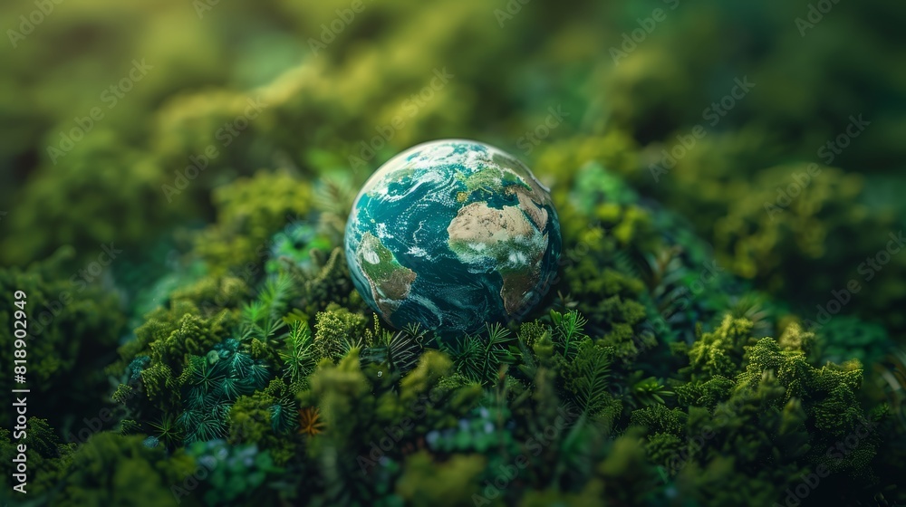 World Environment Day. Aerial top view green forest with globe earth World Environment Day. Aerial top view green forest with globe earth