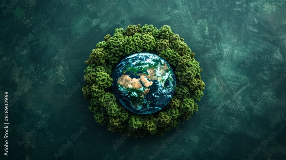 Fototapeta premium World Environment Day. Aerial top view green forest with globe earth