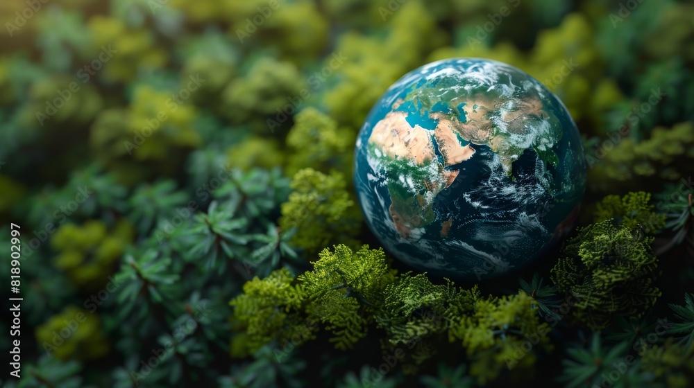 World Environment Day. Aerial top view green forest with globe earth World Environment Day. Aerial top view green forest with globe earth