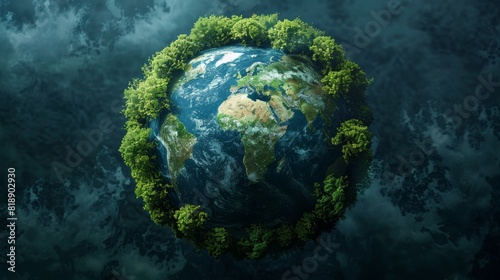 World Environment Day. Aerial top view green forest with globe earth