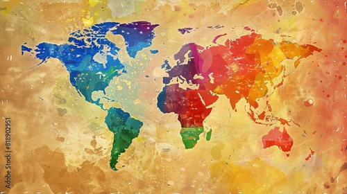 Colorful artwork depicting a rainbow-colored world map with LGBTQ+ pride flags marking different countries, blending with a map illustration art style. photo