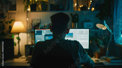 Man working on computer in dark room. Cash flow 