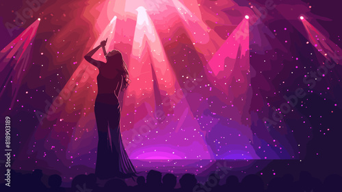 Beautiful Female Singer Enchants Crowd with Soulful Performance on Illuminated Concert Stage, Surrounded by Adoring Fans and Live Music Equipment
