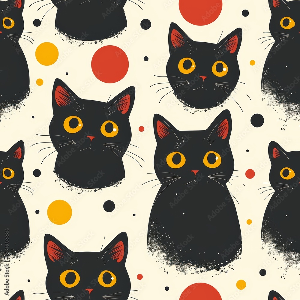 A seamless pattern of cute black cats with yellow eyes A seamless pattern of cute black cats with yellow eyes