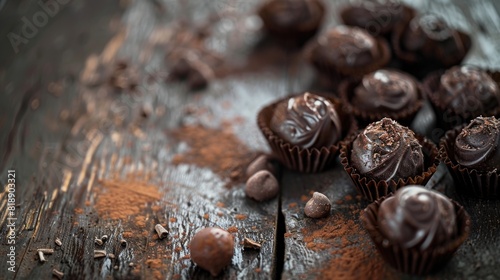 Chocolate candies on rustic background
