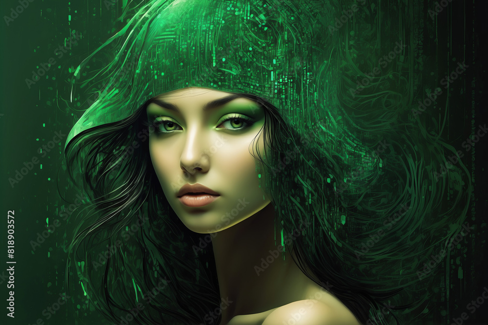 Naklejka premium Portrait of a beautiful girl with abstract green code