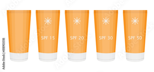 Set of sun protection products. Orange tube with body milk. UV sun protection. Cosmetics and body care. Vector cartoon illustration. Summer time. Cream with SPF.