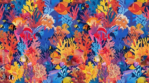  Vivid underwater world featuring fish  corals    marine life against a diverse backdrop of blues  reds  yellows  oranges    pink