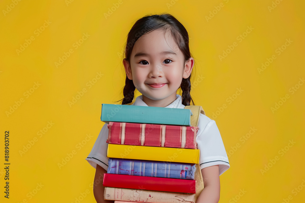Little smiling Asian girl holding a stack of books on a yellow background. Concept of education, reading, back to school, library Little smiling Asian girl holding a stack of books on a yellow background. Concept of education, reading, back to school, library