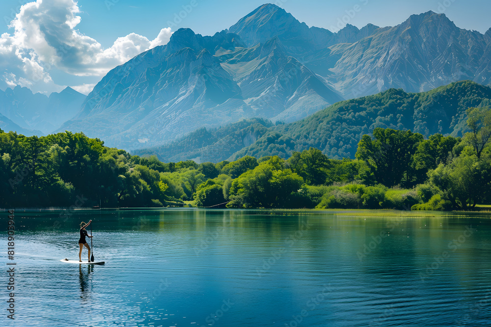 woman gracefully paddle boarding in mountain lake 