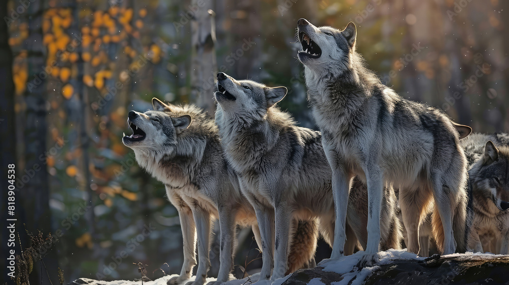 A group of gray wolves, untamed and unafraid, in the heart of the forest.