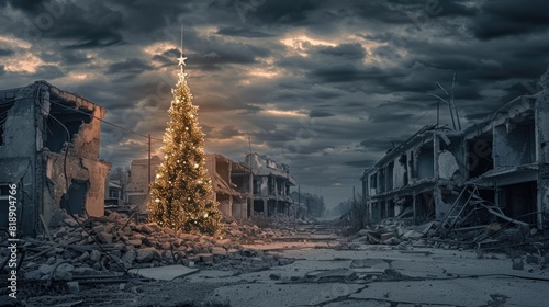 Christmas tree in a war torn city and destroyed buildings Concept of Christmas hope and peace