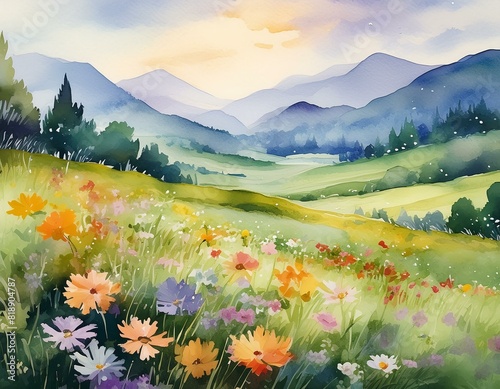Landscape watercolor meadow with flowers background. © Jean