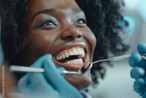 Female mouth, teeth, and dentist with dental cosmetics, healthcare assessment, and clinic tests. Orthodontics, dental service, patient, mirror, and teeth cleaner. photo
