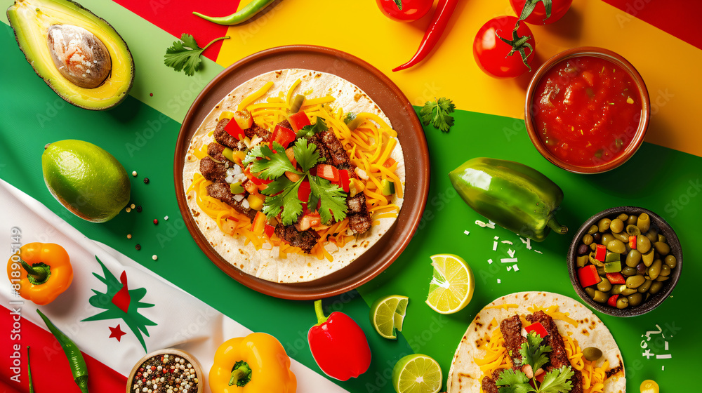 Mexican traditional food and flag on color background