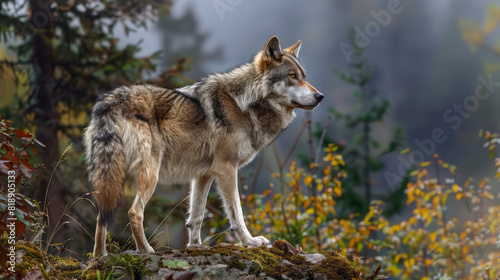 A large gray wolf  with a coat as gray as the mist  blending into its natural surroundings with ease.