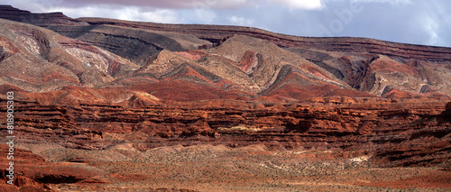 A panoramic view of the Utah rock stratifications on a rainy day