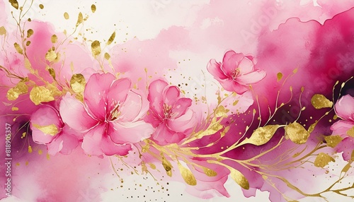 Watercolor pink with gold abstract splash romantic and creative background design.