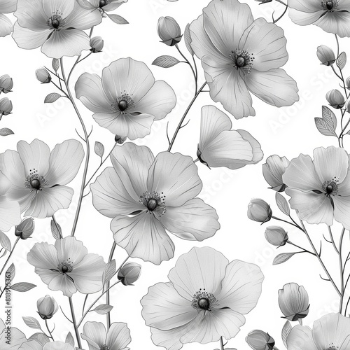 Black and white floral seamless pattern. Hand drawn flowers and leaves on white background.