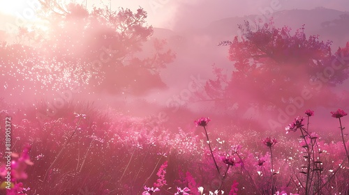 A vibrant pink haze fills the air  suffusing the scene with a warm and inviting glow