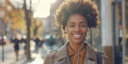 For enjoyment, black woman with earphones and music in city streets smiles. African American woman walking in city smiling joyfully for audio sound track photo