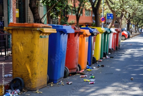 City waste bins lined up on a urban street promoting cleanliness and environmental responsibility.