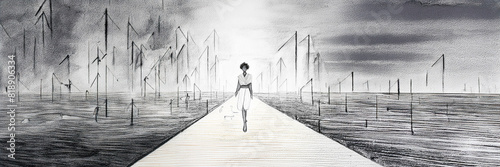 fashion parade - model silhouette walk - grey pencil drawing - minimal symbol trend design photo