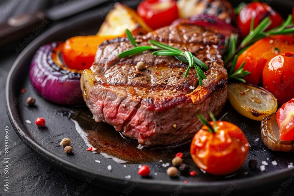 Delicious grilled fillet steak with fresh tomatoes and roast vegetables on a plate Delicious grilled fillet steak with fresh tomatoes and roast vegetables on a plate