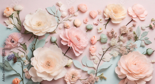 A stunning flat lay of delicate flowers in a range of pastel colors  arranged in a unique and creative layout that will take your breath away.