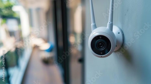  Close Up Object Shot of a Modern Wi-Fi Surveillance Camera with Two Antennas on a White Wall in a Cozy Apartment