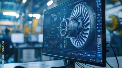 Obraz na płótnie Close Up of a Desktop Computer Monitor Screen with 3D CAD Software with Prototype Jet Engine Project w salonie
