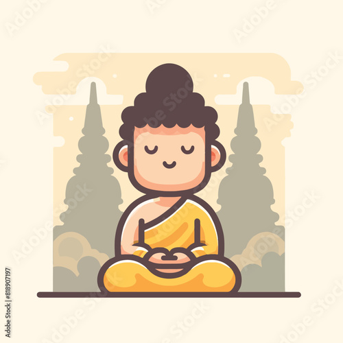 Cartoon of Buddha meditating with temple silhouette