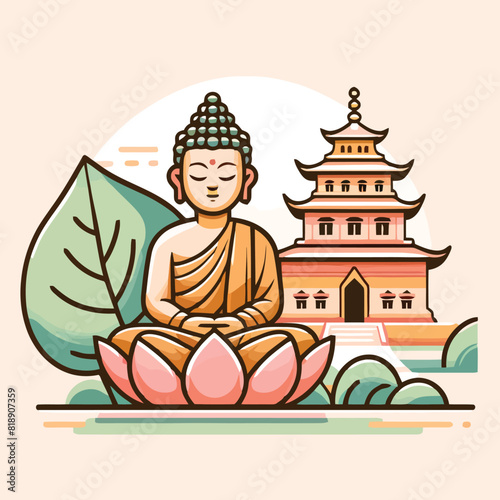 illustration of Buddha meditating on a lotus flower pagoda with a temple