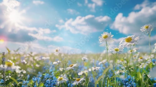 Beautiful meadow with chamomile and wild peas in morning light
