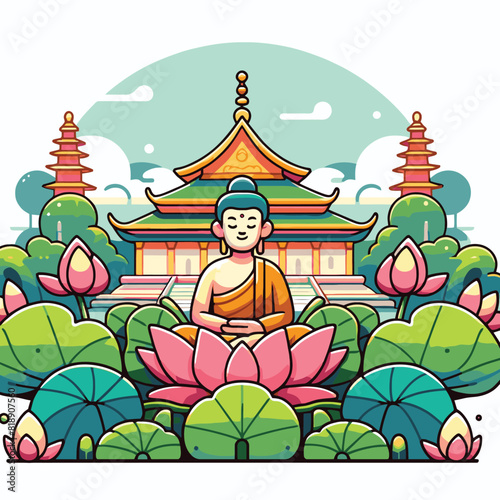 illustration of Buddha at a lotus flower pagoda with a temple celebrating Vesak day