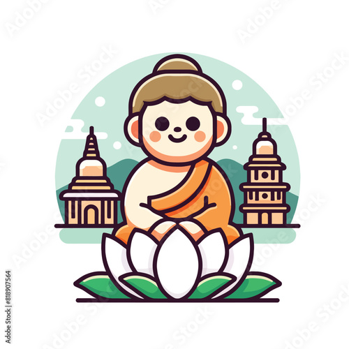 illustration of a monk sitting on a lotus flower pagoda with temple silhouettes