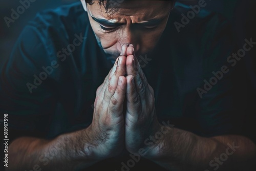 Close up of man praying with hands clasped together against dark background