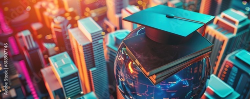 Graduation cap on globe with books city background top view Representing worldwide education and knowledge futuristic 
