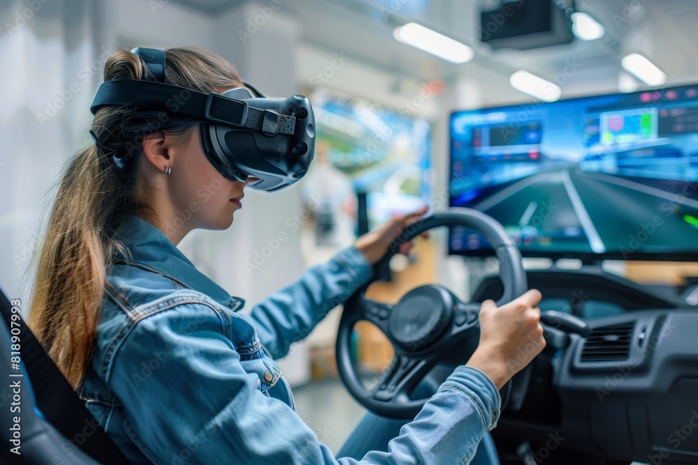 Woman taking vr driving school exam, controlling car with steering wheel in simulator class Woman taking vr driving school exam, controlling car with steering wheel in simulator class